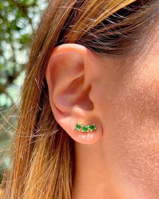 Brinco Ear Cuff Cristais Verde Esmeralda Square SemiJoia Dourado 5