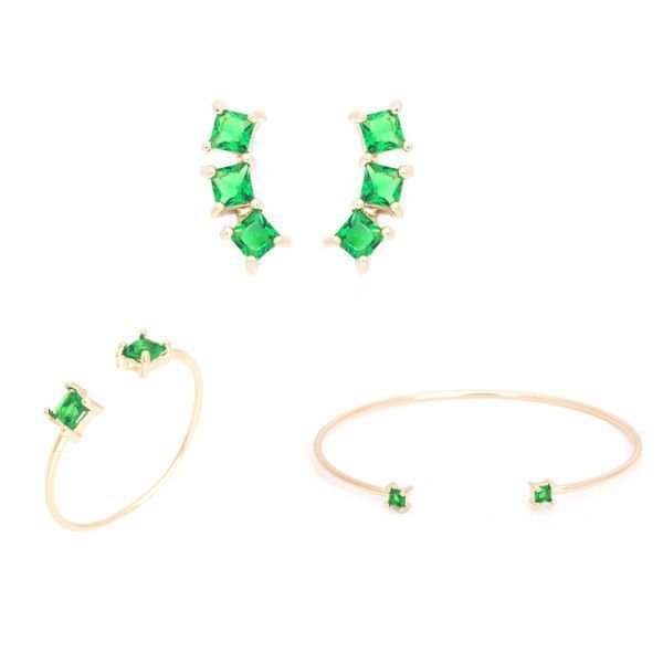 Brinco Ear Cuff Cristais Verde Esmeralda Square SemiJoia Dourado 9