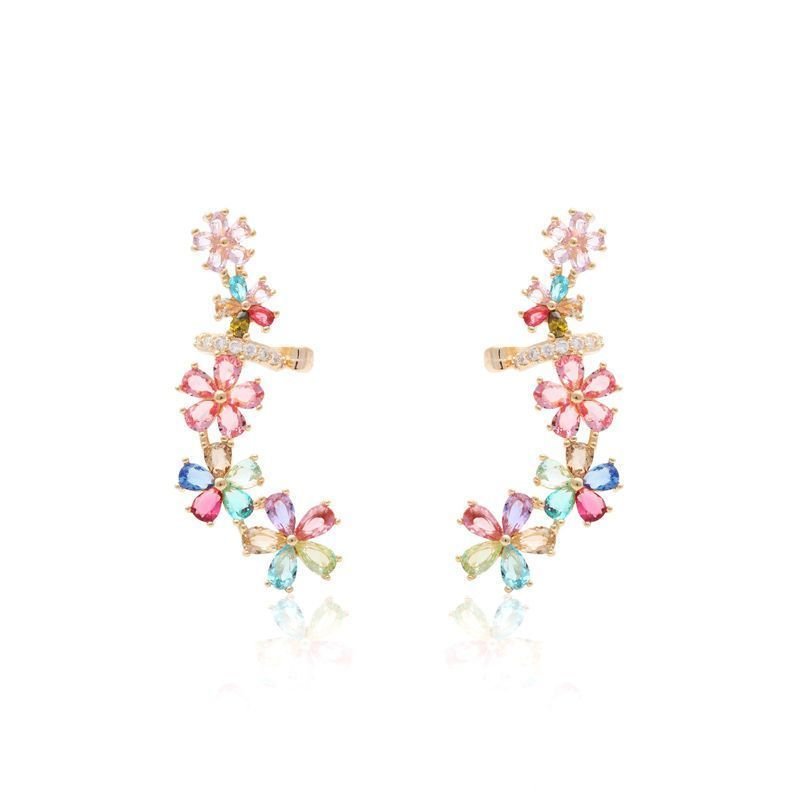 Brinco Ear Cuff Longo Floral Cristais Coloridos SemiJoia Dourado 1