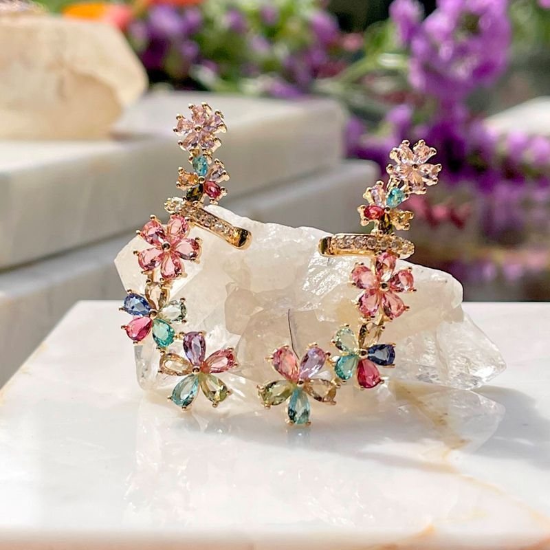 Brinco Ear Cuff Longo Floral Cristais Coloridos SemiJoia Dourado 3