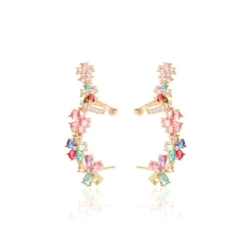 Brinco Ear Cuff Longo Floral Cristais Coloridos SemiJoia Dourado 4
