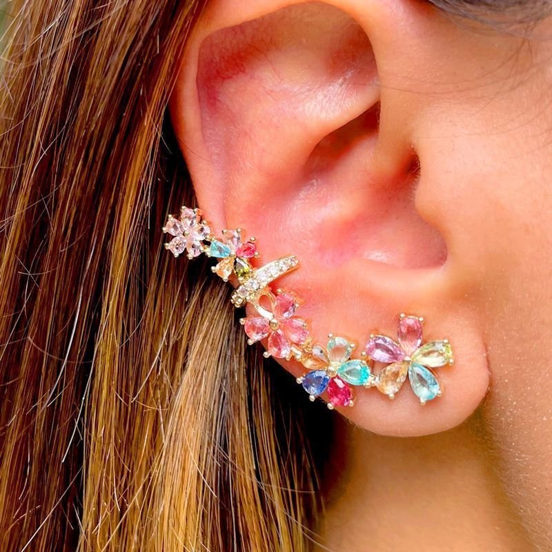 Brinco Ear Cuff Longo Floral Cristais Coloridos SemiJoia Dourado 6