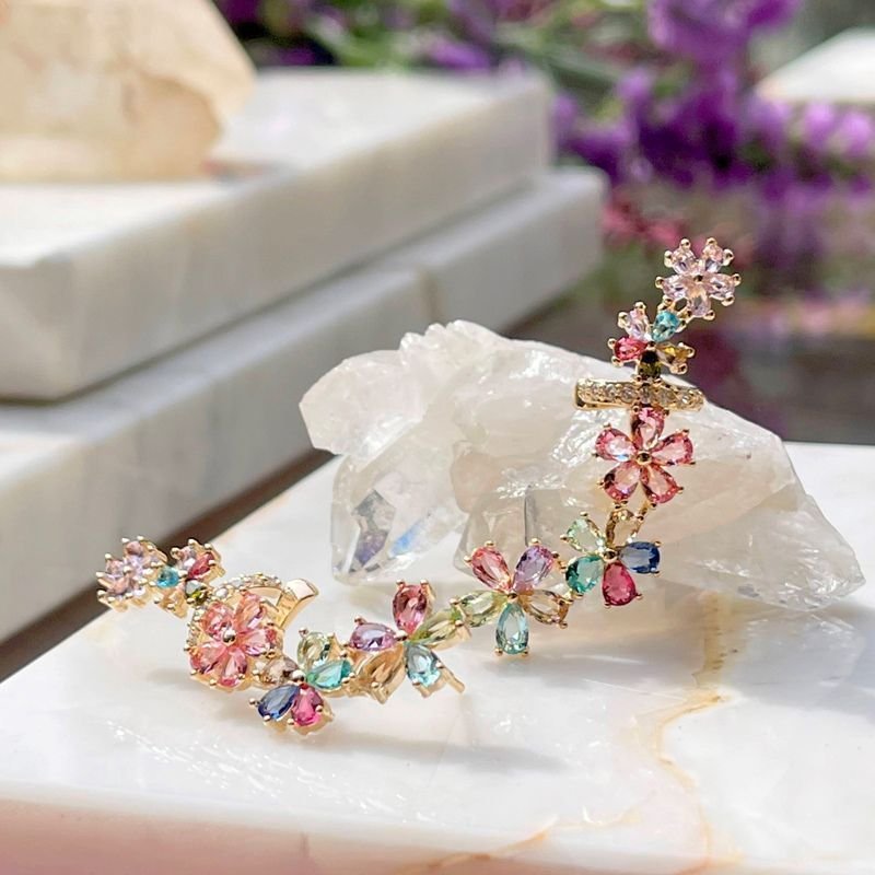 Brinco Ear Cuff Longo Floral Cristais Coloridos SemiJoia Dourado 7