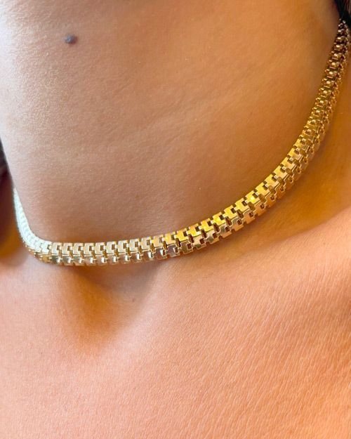 Colar Choker Malha Laminada Trabalhada Lisa SemiJoia Dourado 3