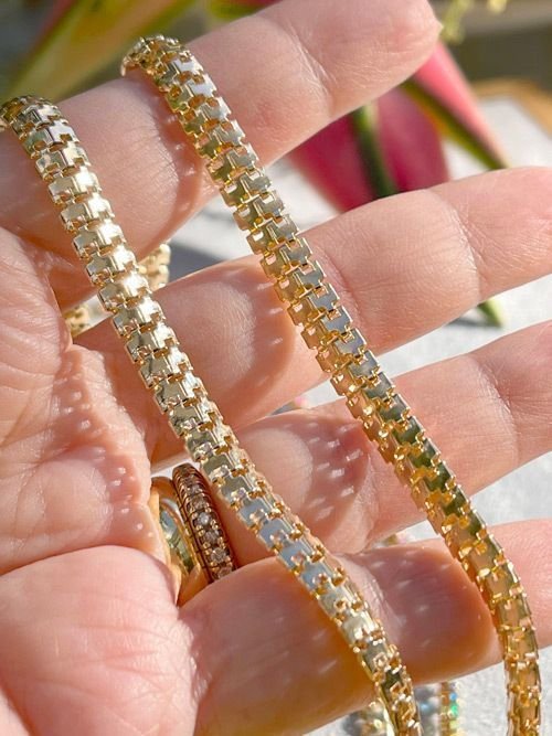 Colar Choker Malha Laminada Trabalhada Lisa SemiJoia Dourado 5