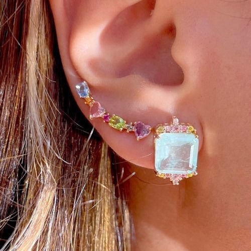Brinco Fusion Turmalina Light Cristais Coloridos Semijoia Dourado 4