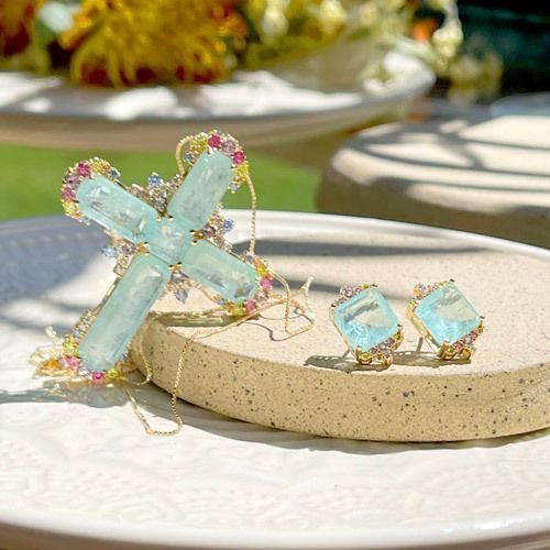 Brinco Fusion Turmalina Light Cristais Coloridos Semijoia Dourado 5