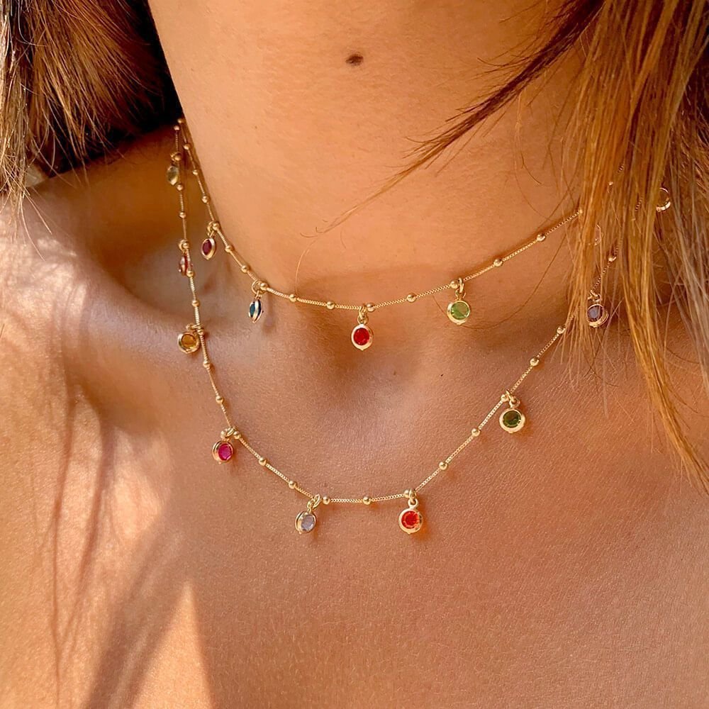 Colar Cristais Zircônias Coloridas Semijoia Dourado 4