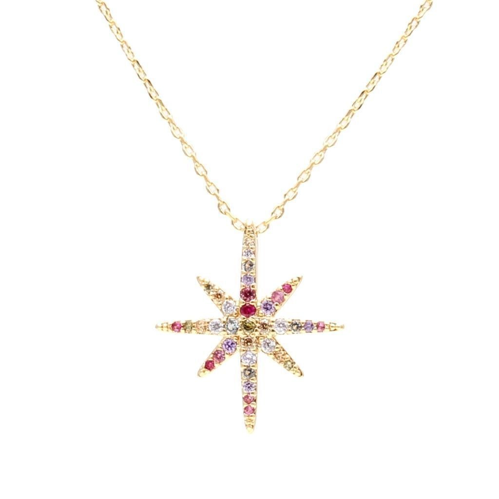 Colar Pingente Estrela Zircônias Coloridas Semijoia Banhada Dourado 1