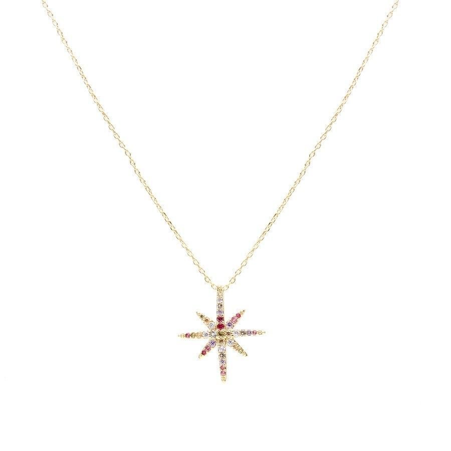 Colar Pingente Estrela Zircônias Coloridas Semijoia Banhada Dourado 3