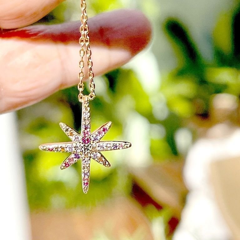 Colar Pingente Estrela Zircônias Coloridas Semijoia Banhada Dourado 4