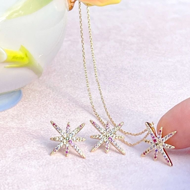 Colar Pingente Estrela Zircônias Coloridas Semijoia Banhada Dourado 5