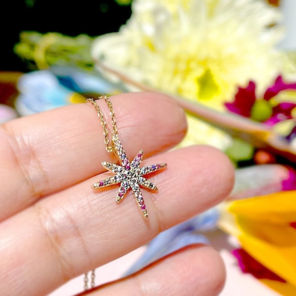 Colar Pingente Estrela Zircônias Coloridas Semijoia Banhada Dourado 6