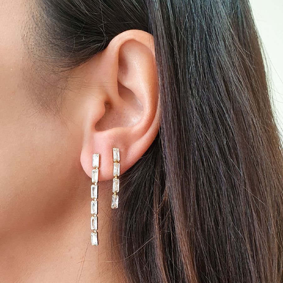 Trio Brincos Riviera Baguetes Zircônias Semijoia Dourado 2