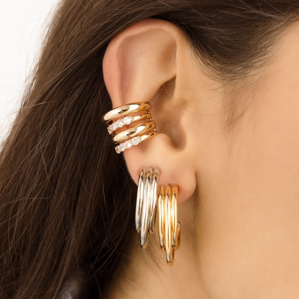 Brinco Argola Tripla Lisa SemiJoia Banho Rodio Prata 2