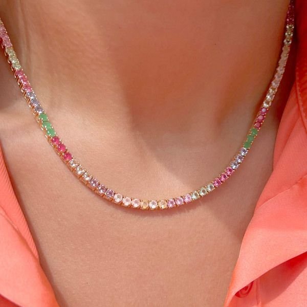 Colar Riviera Cristais Coloridos SemiJoia Fecho Gaveta Dourado 3