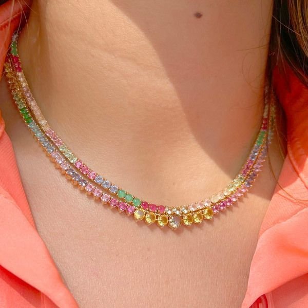 Colar Riviera Cristais Coloridos SemiJoia Fecho Gaveta Dourado 7