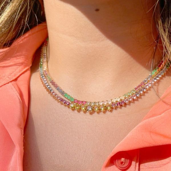 Colar Riviera Cristais Coloridos SemiJoia Fecho Gaveta Dourado 10