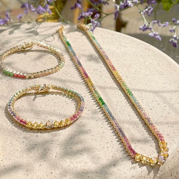 Pulseira Riviera Pedras Candy Color Degrade SemiJoia Dourado 4