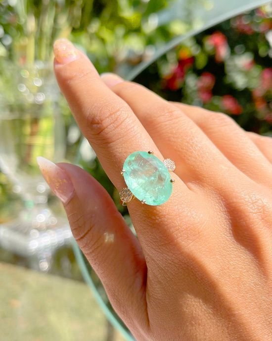 Anel Fusion Esmeralda Colombiana Oval Zirconias SemiJoia Dourado 5