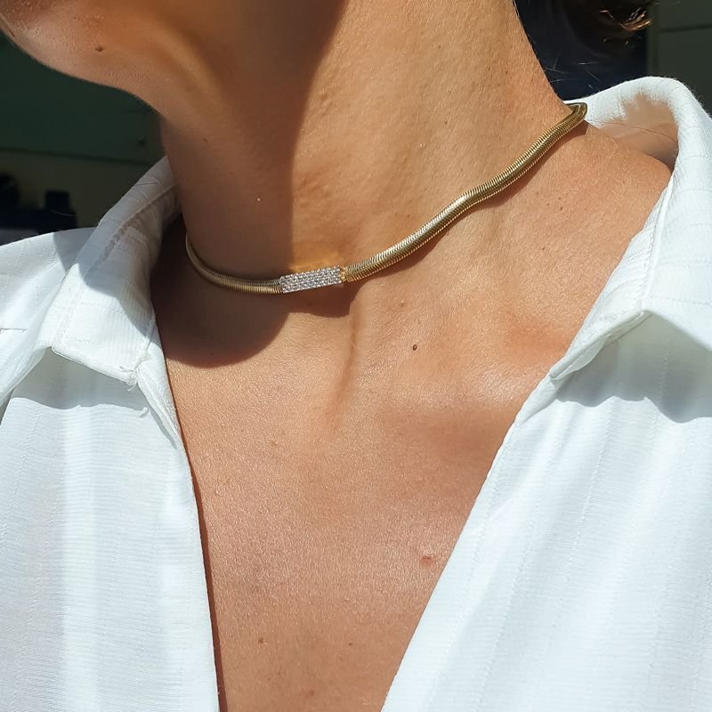 Choker Malha Snake Lacraia Centro Zircônias Semijoia Dourado 4