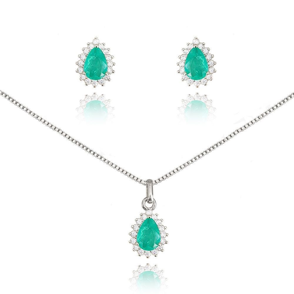 Conjunto Clássico Gota Verde Turmalina Semijoia Banho Rodio