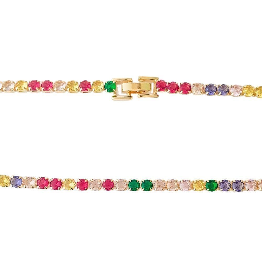 Colar Riviera Cristais Coloridos 4mm Semijoia Fecho Trava Dourado 4