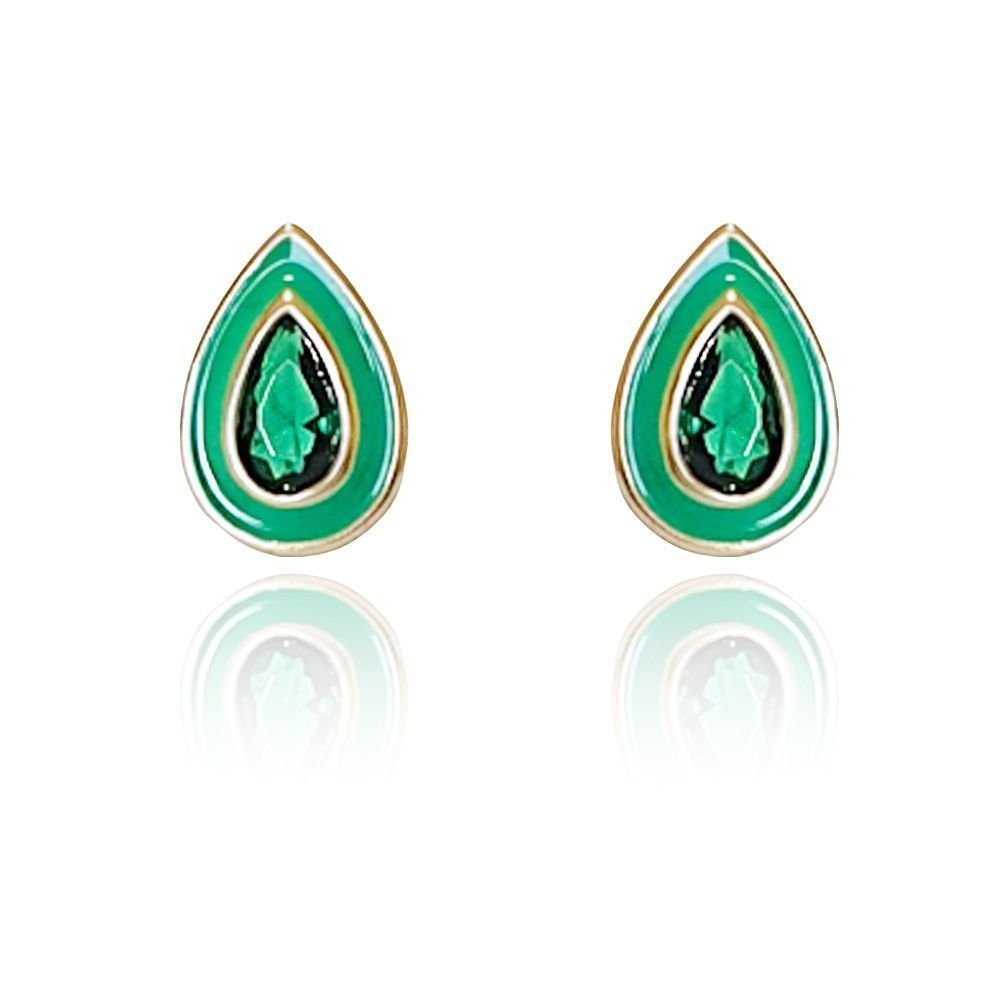 Brinco Gota Pedra Borda Esmaltada Verde Semijoia Verde 1