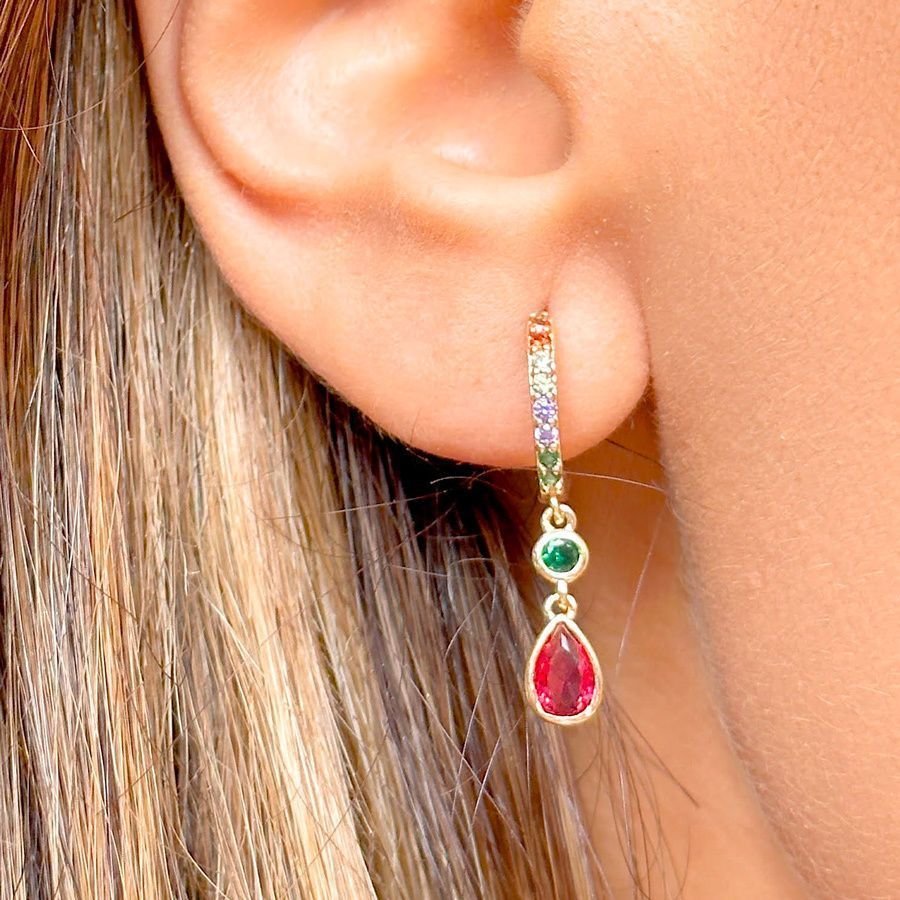 Argola Cristais Coloridos Pingente Vermelho Rubi Semijoia Dourado 2