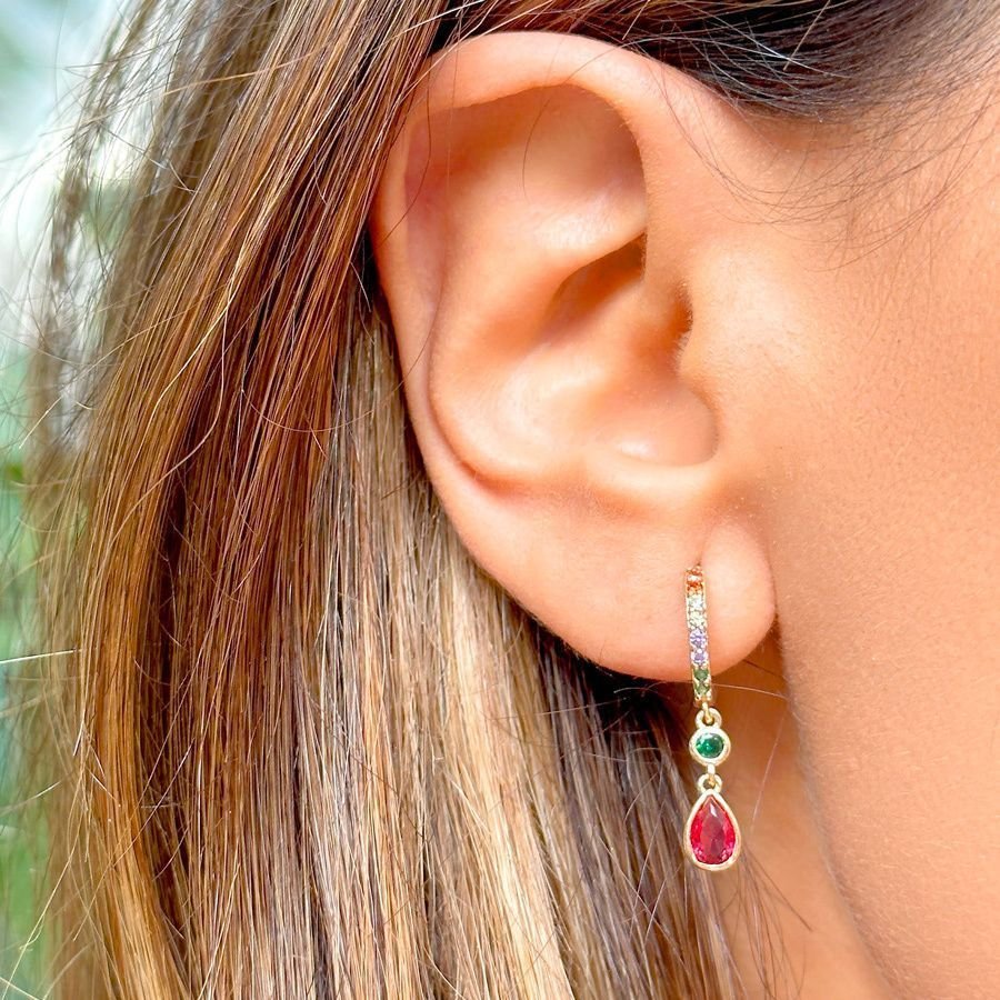 Argola Cristais Coloridos Pingente Vermelho Rubi Semijoia Dourado 5