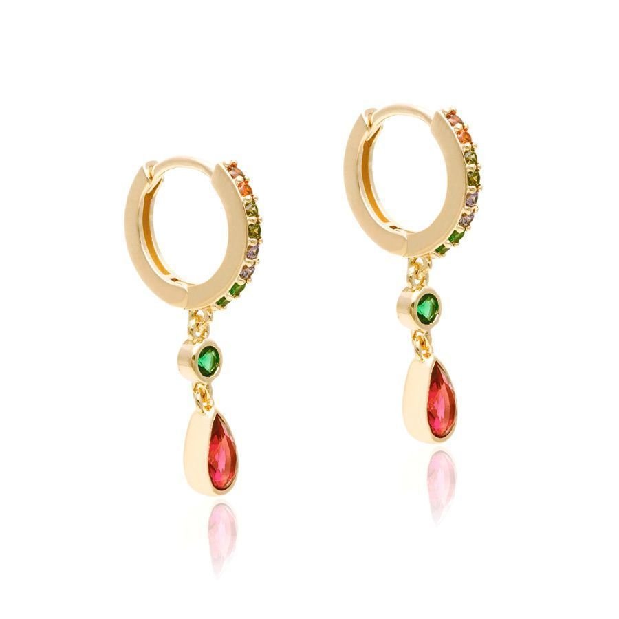 Argola Cristais Coloridos Pingente Vermelho Rubi Semijoia Dourado 6