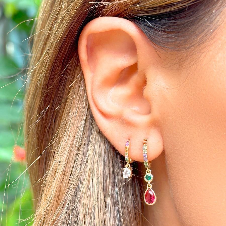 Argola Cristais Coloridos Pingente Vermelho Rubi Semijoia Dourado 7