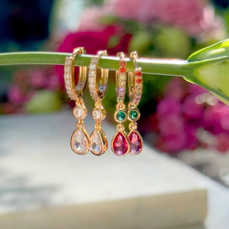 Argola Cristais Coloridos Pingente Vermelho Rubi Semijoia Dourado 9