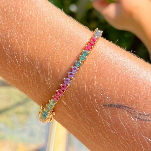 Pulseira Riviera Cristais Coloridos Semijoia Fecho Gaveta Dourado 2