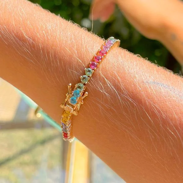 Pulseira Riviera Cristais Coloridos Semijoia Fecho Gaveta Dourado 3