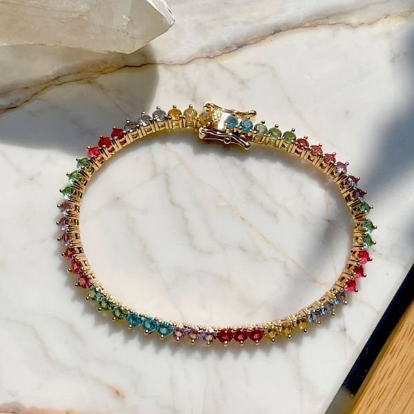 Pulseira Riviera Cristais Coloridos Semijoia Fecho Gaveta Dourado 4