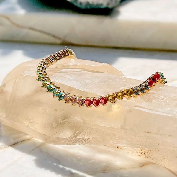 Pulseira Riviera Cristais Coloridos Semijoia Fecho Gaveta Dourado 5