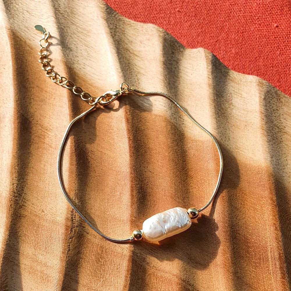 Pulseira Pérola Retangular Semijoia Banho Ouro Dourado 2