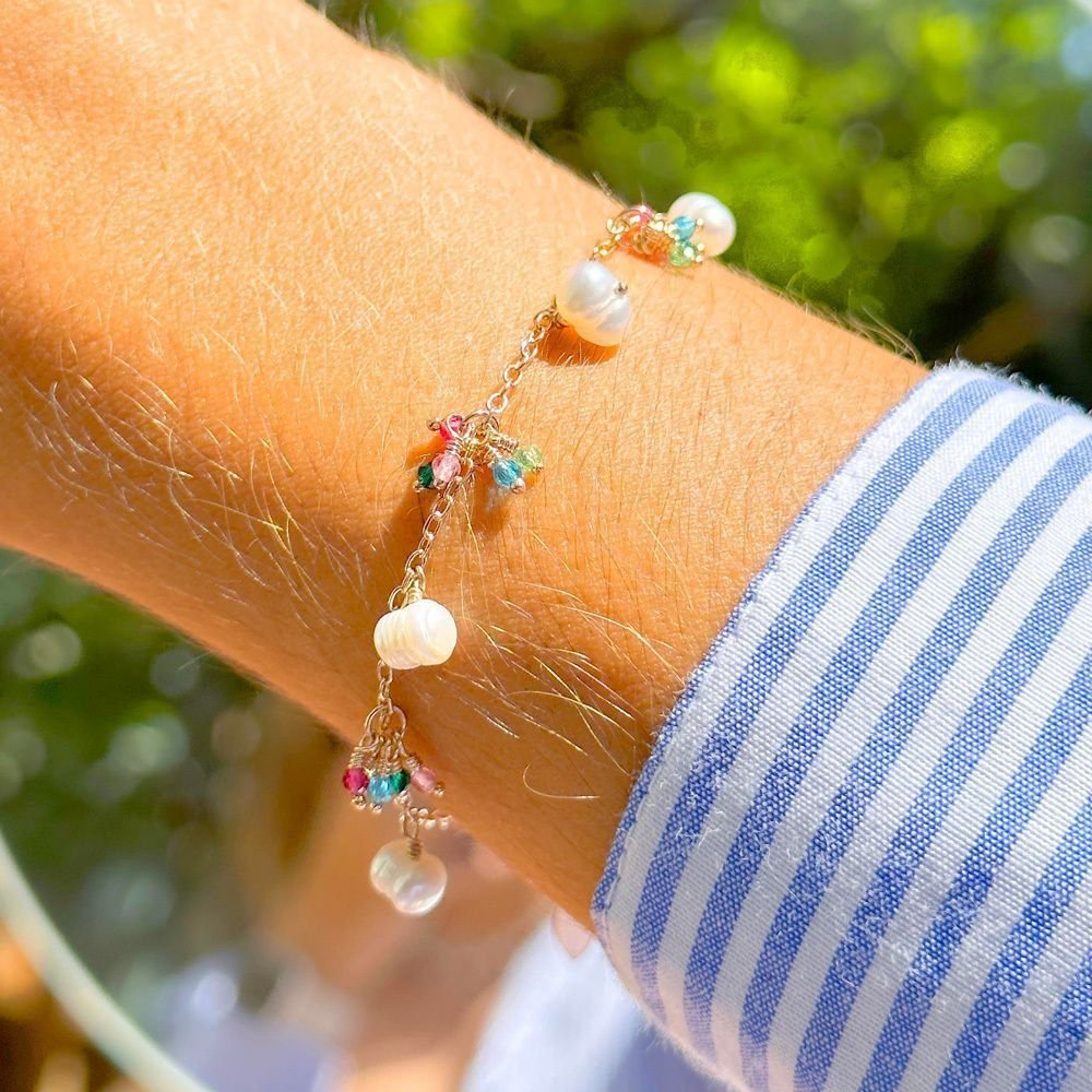 Pulseira Cristais Búlgaros e Pérolas Semijoia Dourado 2