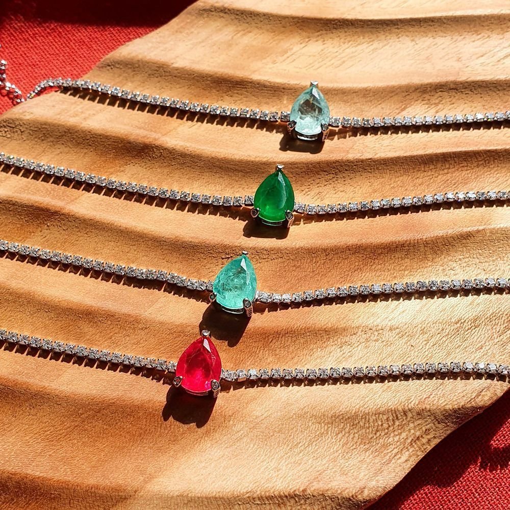 Pulseira Riviera Pedra Gota Vermelho Rubi Semijoia Rodio Prata 3