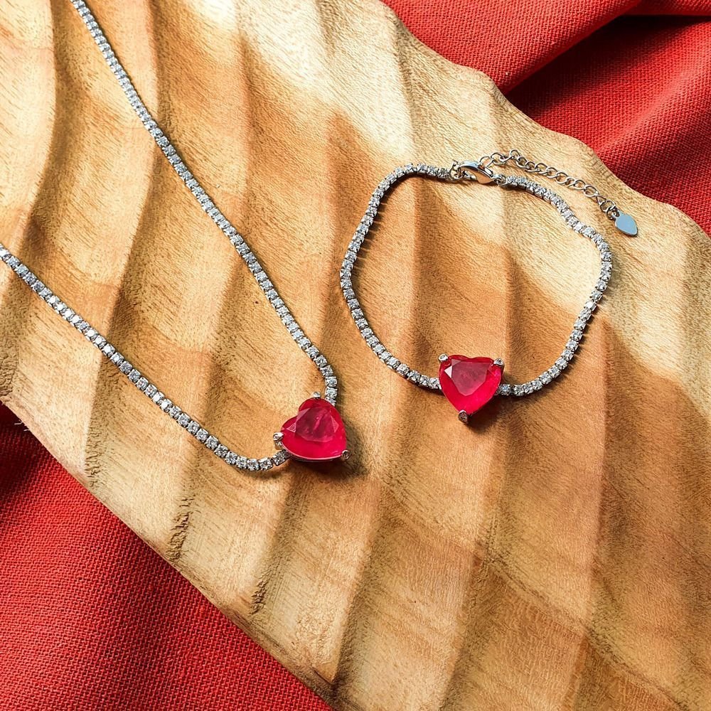 Colar Riviera Pedra Coração Vermelho Rubi Semijoia Rodio Prata 2