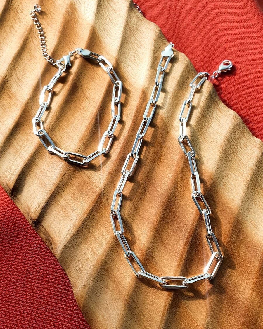 Colar Choker Elos Retangulares Semijoia Banho Prata Prata 2