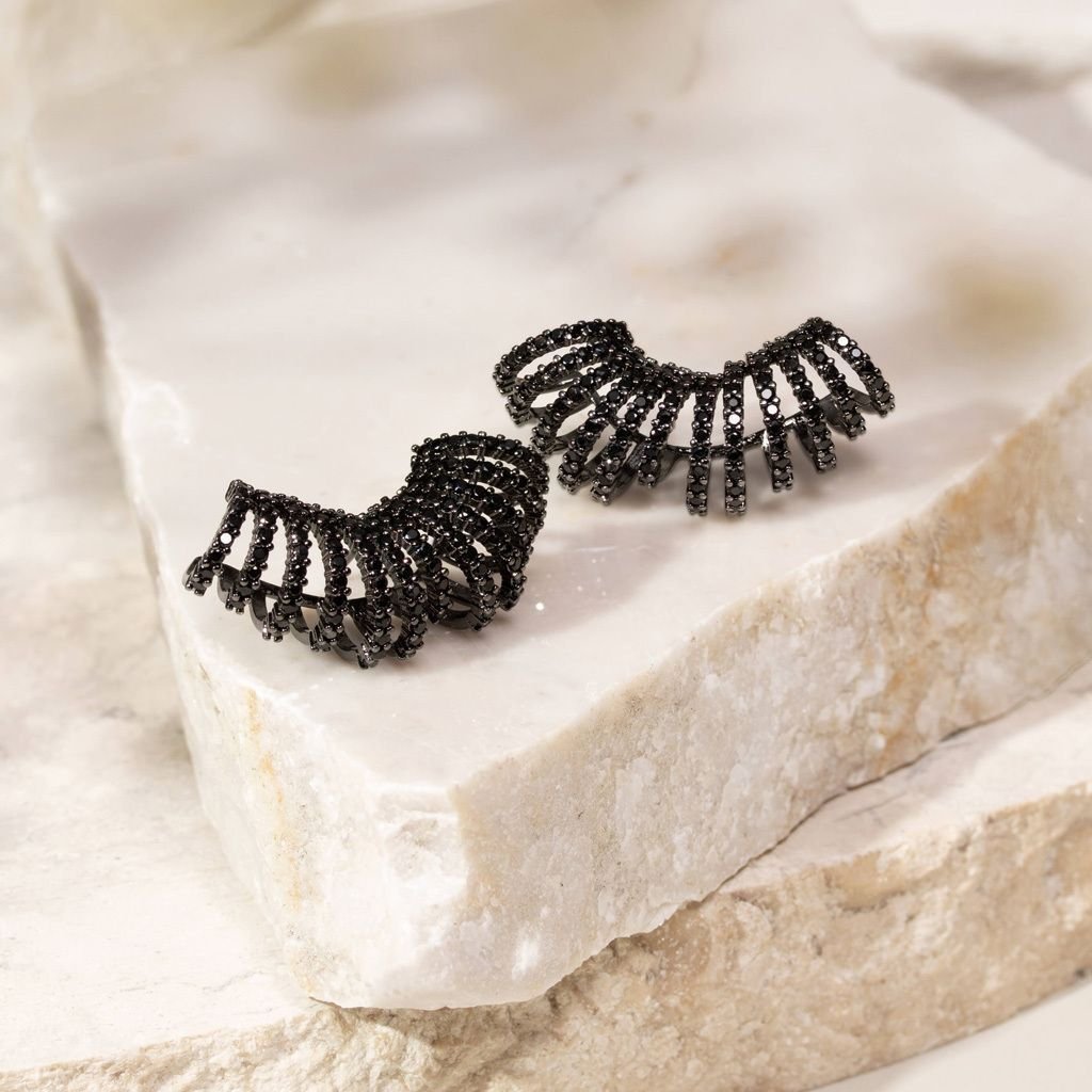 Ear Cuff Argolas Zircônias Pretas Semijoia Banho Rodio Negro Preto 3