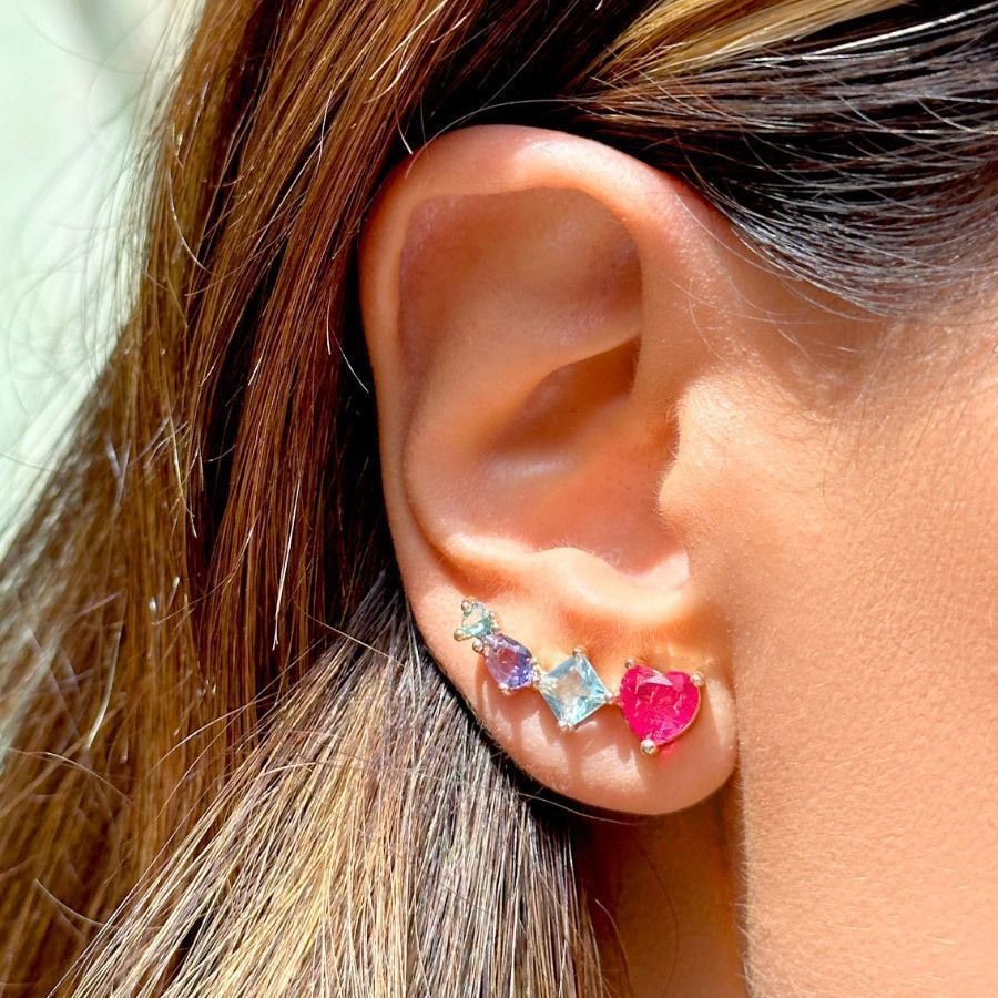 Ear cuff Coração Turmalina Rosa com Cristais Semijoia Dourado 2