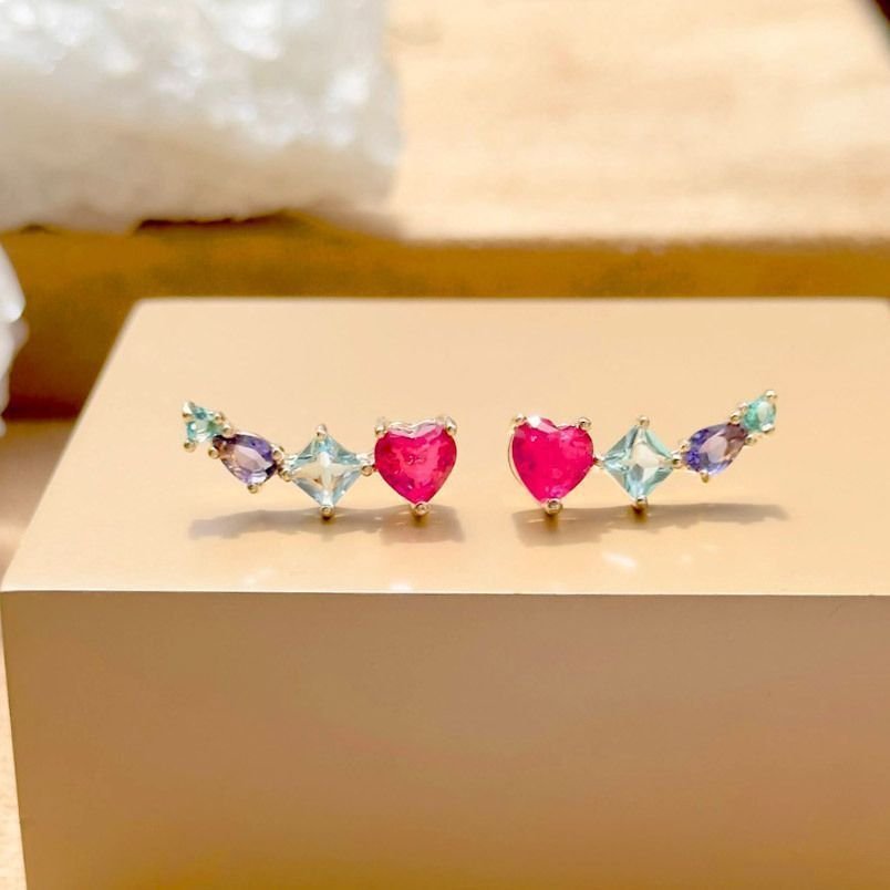 Ear cuff Coração Turmalina Rosa com Cristais Semijoia Dourado 5