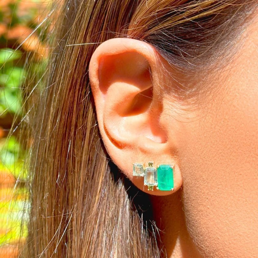 Brinco Fusion Esmeralda com Cristais Semijoia Dourado 2