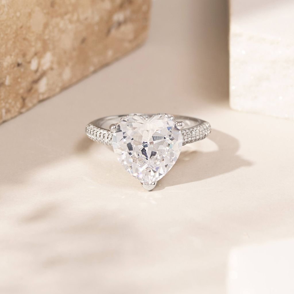 Anel Solitário Zircônia Coração Aro Cravejado Joia Prata 925 Prata 6