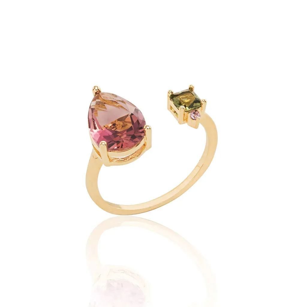 Anel Aberto Cristal Gota Roxa E Square Verde Semijoia Dourado 1