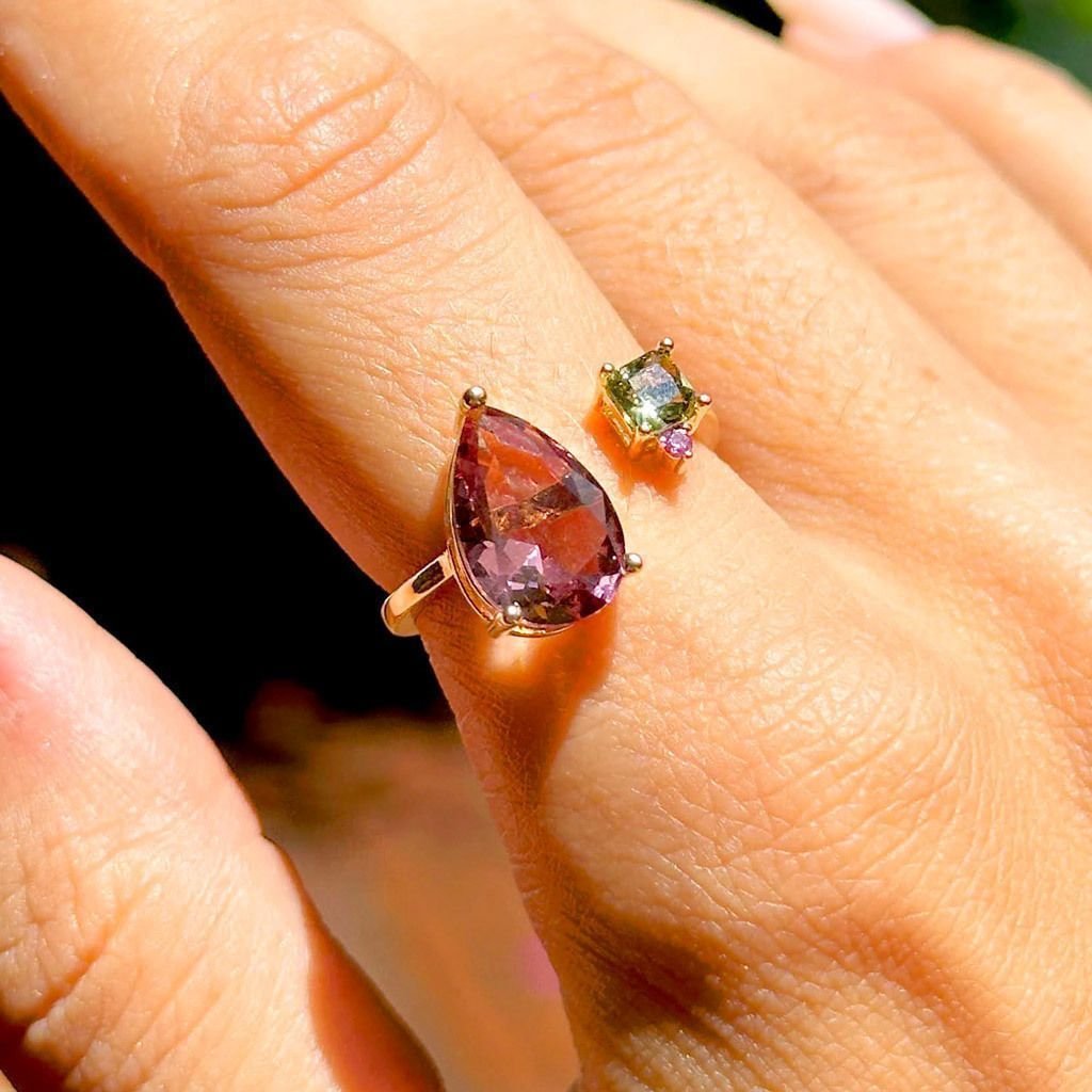 Anel Aberto Cristal Gota Roxa E Square Verde Semijoia Dourado 2