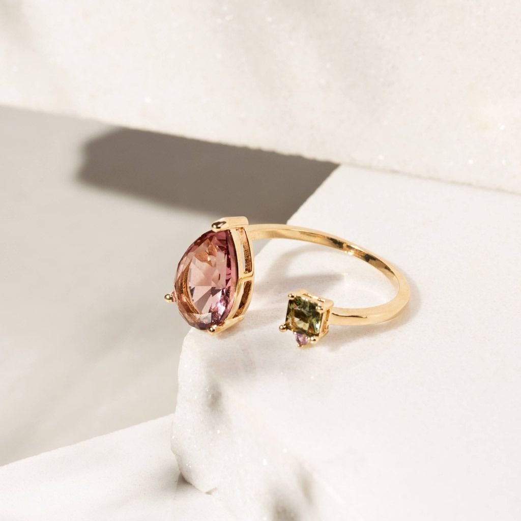 Anel Aberto Cristal Gota Roxa E Square Verde Semijoia Dourado 3